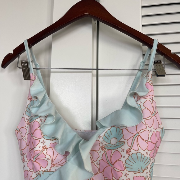 Caden Lane Pink and Blue Floral One Piece Swimsuit - Picture 2 of 4